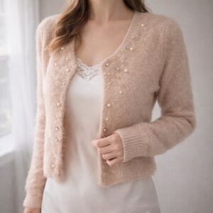 Fuzzy Pearl Embellished Cropped Cardigan Nude Beige Romantic Knit
